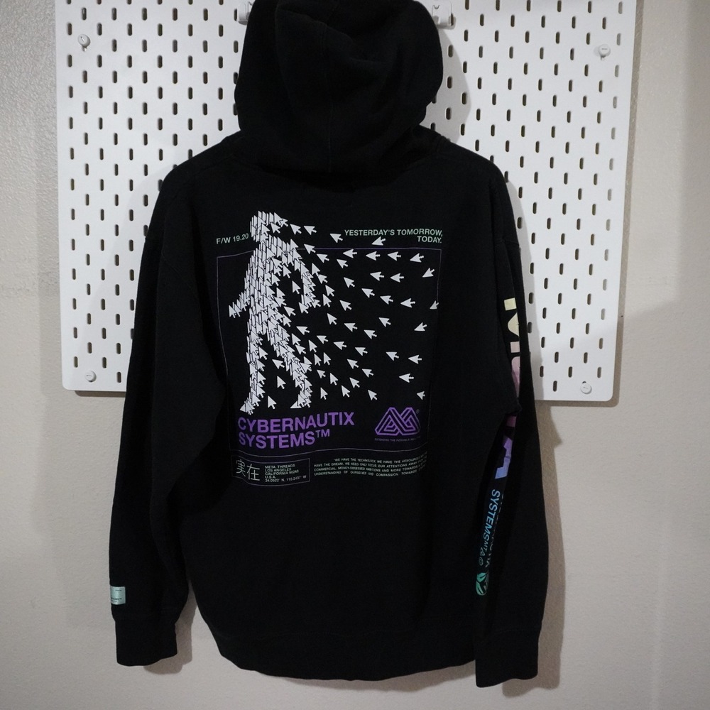 META Cybernautix Systems Hoodie‎ Graphic Print Black Pullover Sweatshirt